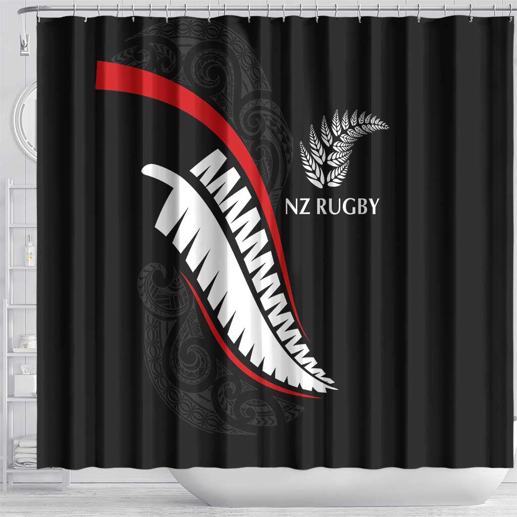 New Zealand Rugby Shower Curtain Sporty Silver Fern Shape with Maori Tattoos LT03 - Polynesian Pride