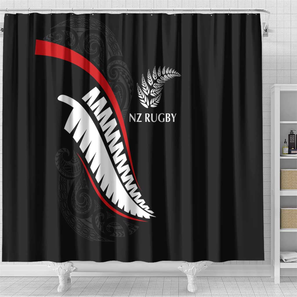 New Zealand Rugby Shower Curtain Sporty Silver Fern Shape with Maori Tattoos LT03 - Polynesian Pride