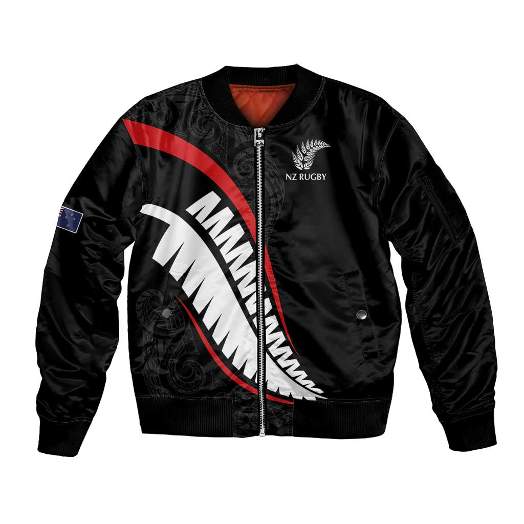 New Zealand Rugby Custom Sleeve Zip Bomber Jacket Sporty Silver Fern Shape with Maori Tattoos LT03 Unisex Black - Polynesian Pride