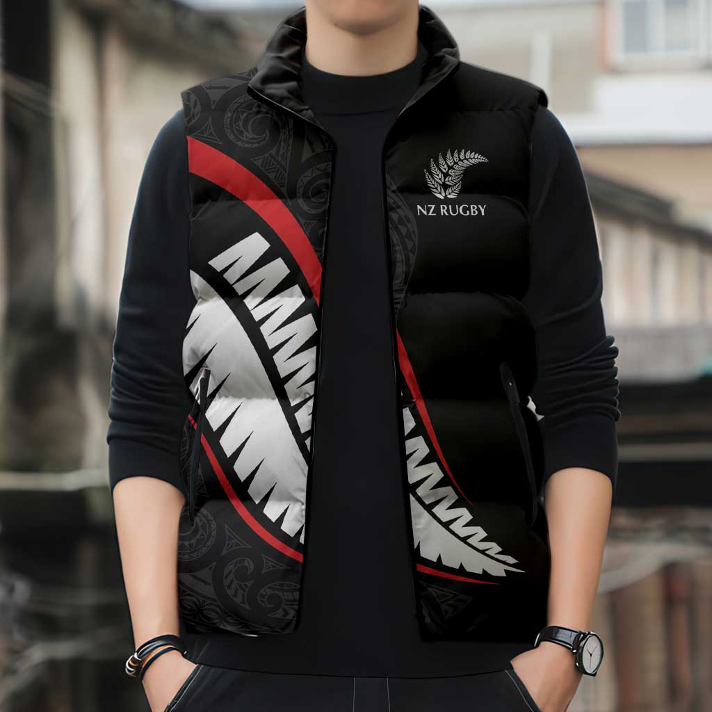 New Zealand Rugby Custom Sleeveless Puffer Jacket Sporty Silver Fern Shape with Maori Tattoos - Polynesian Pride