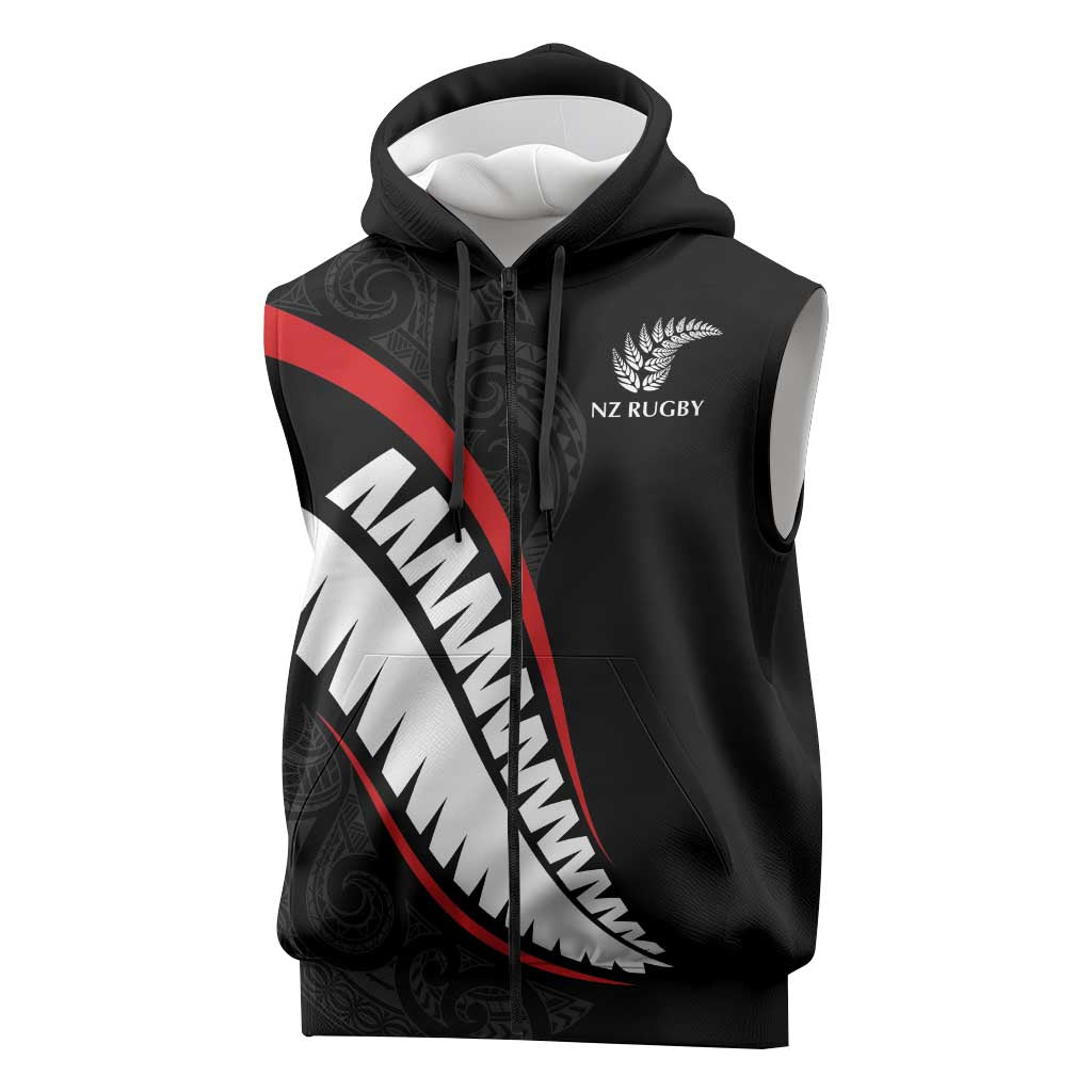 New Zealand Rugby Custom Sleeveless Zip Hoodie Sporty Silver Fern Shape with Maori Tattoos LT03 Black - Polynesian Pride
