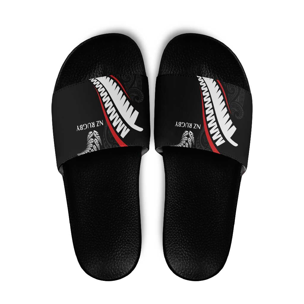 New Zealand Rugby Slide Sandals Sporty Silver Fern Shape with Maori Tattoos LT03 Black - Polynesian Pride