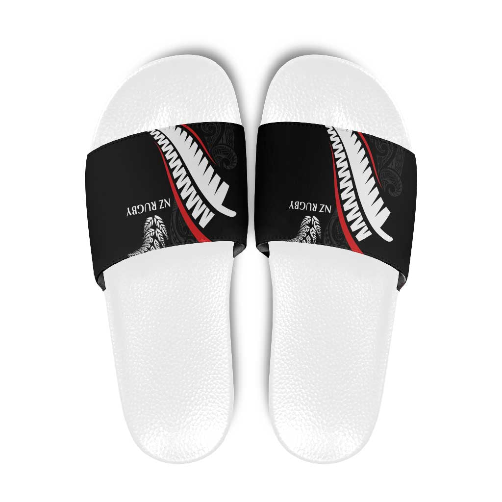 New Zealand Rugby Slide Sandals Sporty Silver Fern Shape with Maori Tattoos LT03 Black - Polynesian Pride