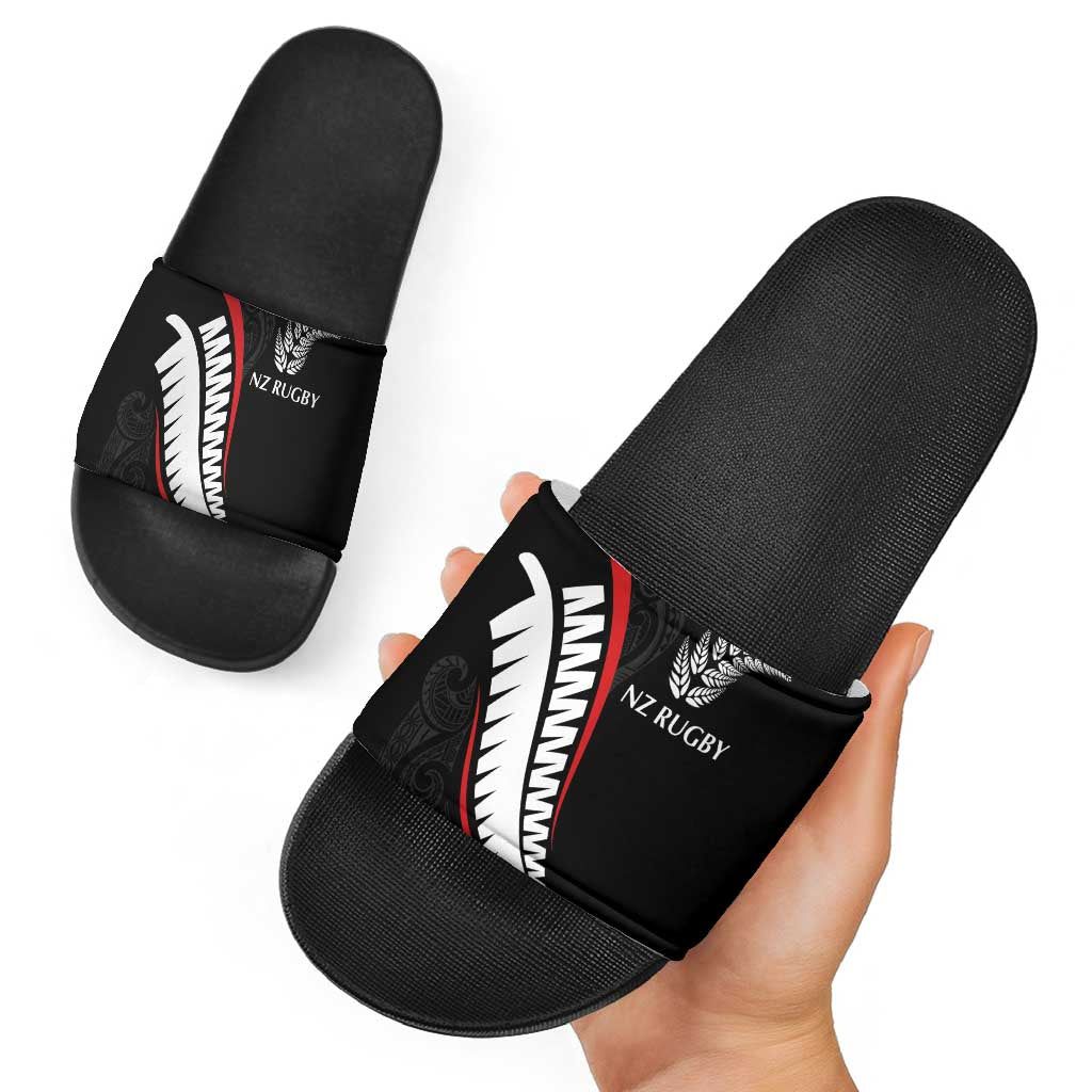 New Zealand Rugby Slide Sandals Sporty Silver Fern Shape with Maori Tattoos LT03 - Polynesian Pride