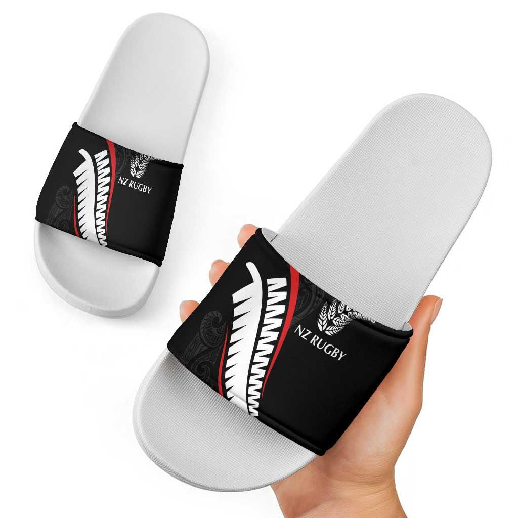 New Zealand Rugby Slide Sandals Sporty Silver Fern Shape with Maori Tattoos LT03 - Polynesian Pride
