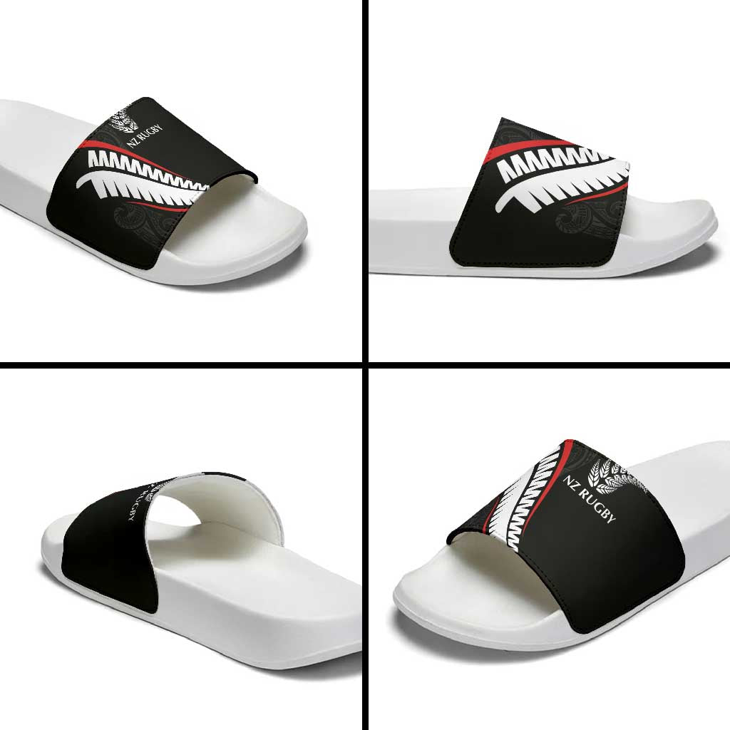New Zealand Rugby Slide Sandals Sporty Silver Fern Shape with Maori Tattoos LT03 - Polynesian Pride