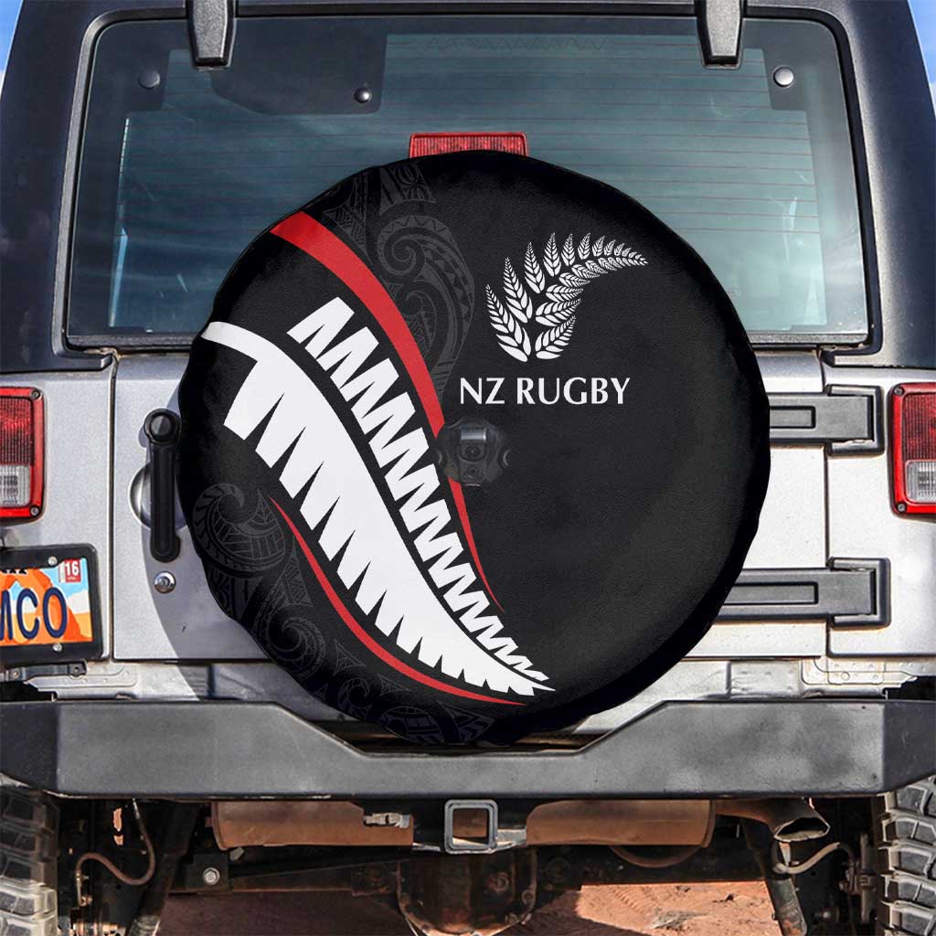 New Zealand Rugby Spare Tire Cover Sporty Silver Fern Shape with Maori Tattoos LT03 Black - Polynesian Pride
