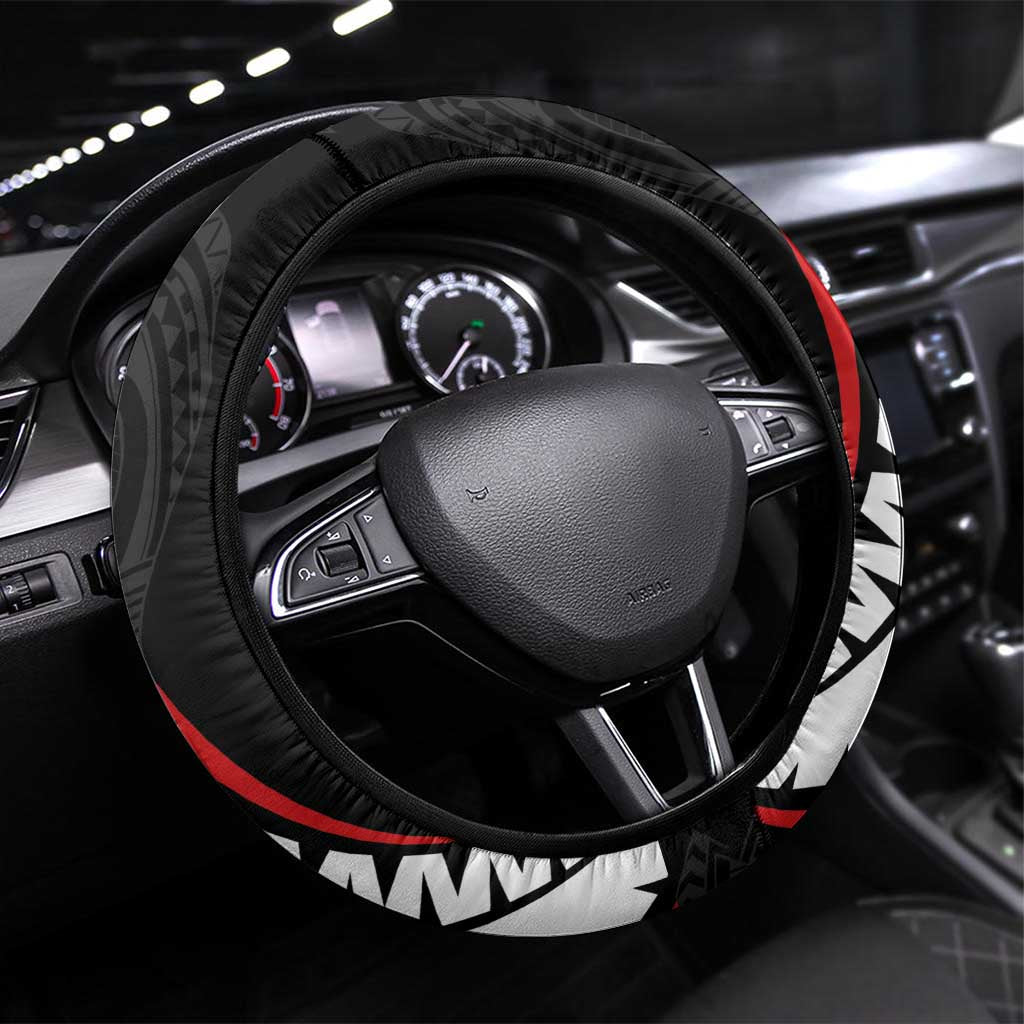 New Zealand Rugby Steering Wheel Cover Sporty Silver Fern Shape with Maori Tattoos LT03 Universal Fit Black - Polynesian Pride