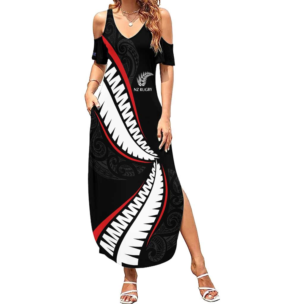 New Zealand Rugby Custom Summer Maxi Dress Sporty Silver Fern Shape with Maori Tattoos LT03 Women Black - Polynesian Pride