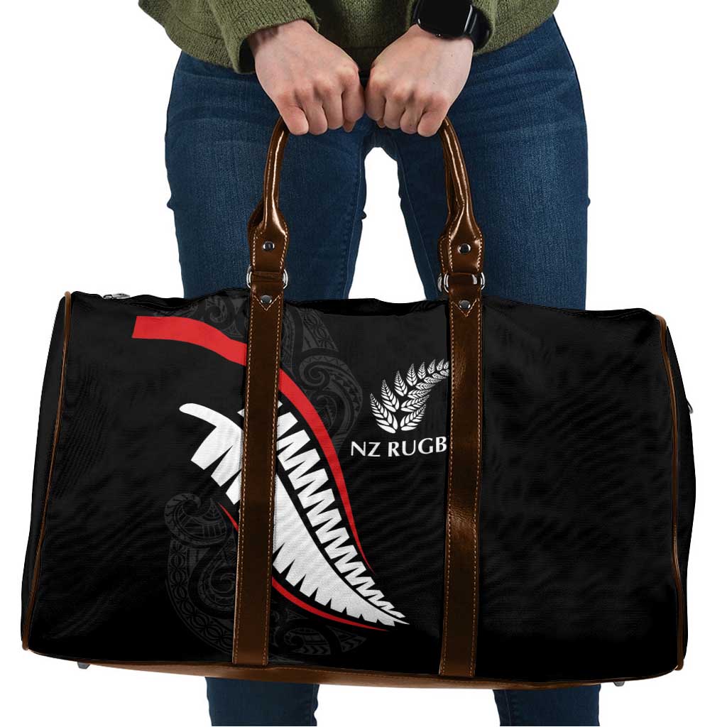 New Zealand Rugby Travel Bag Sporty Silver Fern Shape with Maori Tattoos LT03 Black - Polynesian Pride