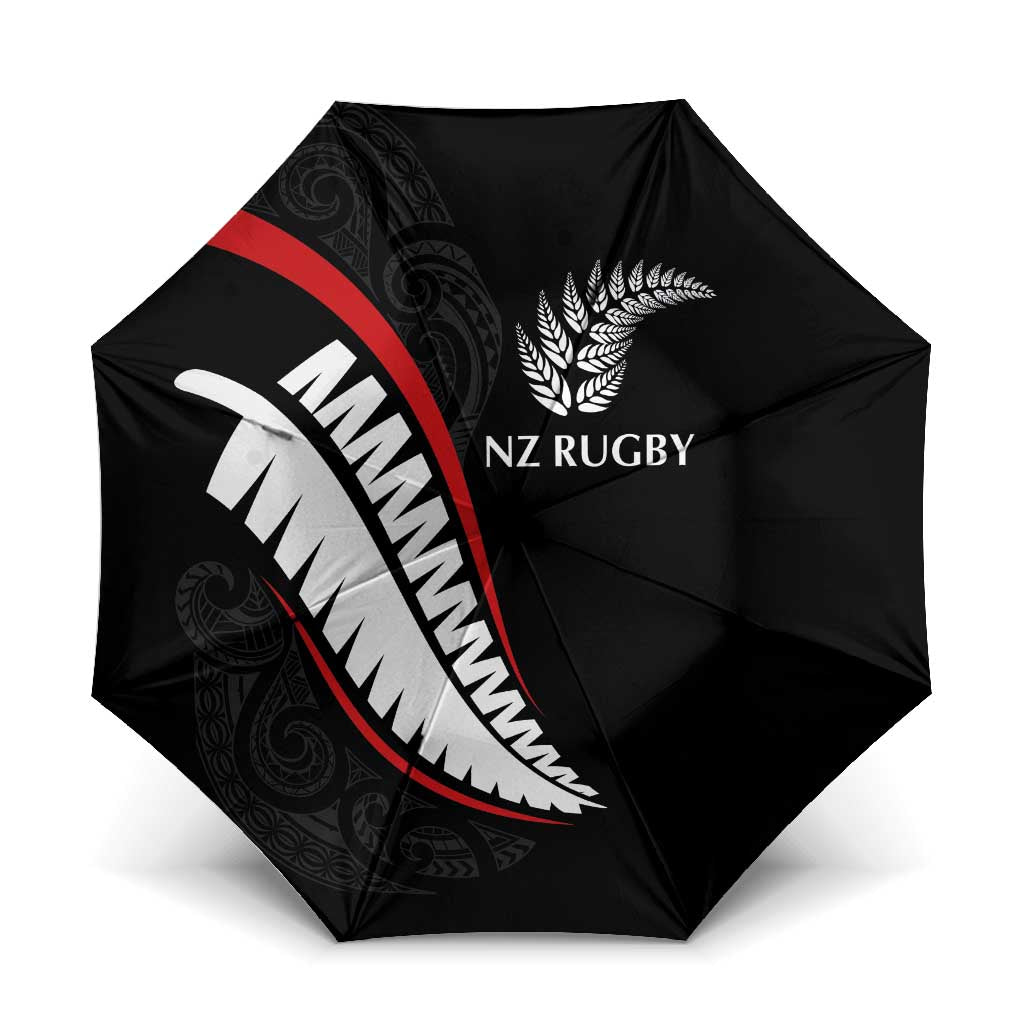 New Zealand Rugby Umbrella Sporty Silver Fern Shape with Maori Tattoos LT03 One Size Folded 11.42 inch Opened Diameter 37.4 inch Black - Polynesian Pride