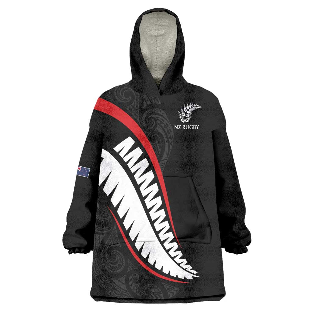 New Zealand Rugby Custom Wearable Blanket Hoodie Sporty Silver Fern Shape with Maori Tattoos LT03 One Size Black - Polynesian Pride