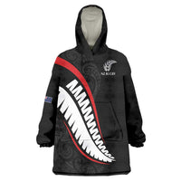 New Zealand Rugby Custom Wearable Blanket Hoodie Sporty Silver Fern Shape with Maori Tattoos LT03 One Size Black - Polynesian Pride