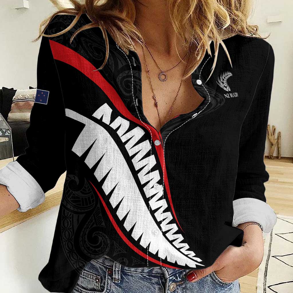 New Zealand Rugby Custom Women Casual Shirt Sporty Silver Fern Shape with Maori Tattoos - Polynesian Pride