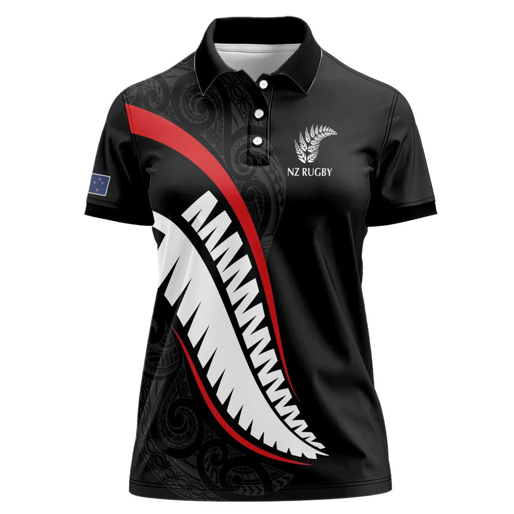 New Zealand Rugby Custom Women Polo Shirt Sporty Silver Fern Shape with Maori Tattoos - Polynesian Pride