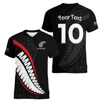 New Zealand Rugby Custom Women V-Neck T-Shirt Sporty Silver Fern Shape with Maori Tattoos LT03 - Polynesian Pride