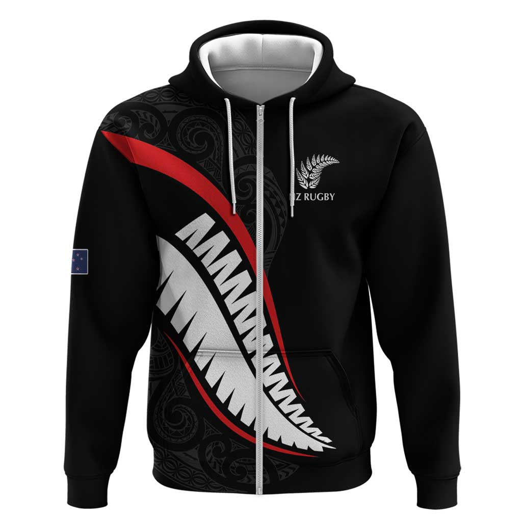New Zealand Rugby Custom Zip Hoodie Sporty Silver Fern Shape with Maori Tattoos LT03 Zip Hoodie Black - Polynesian Pride