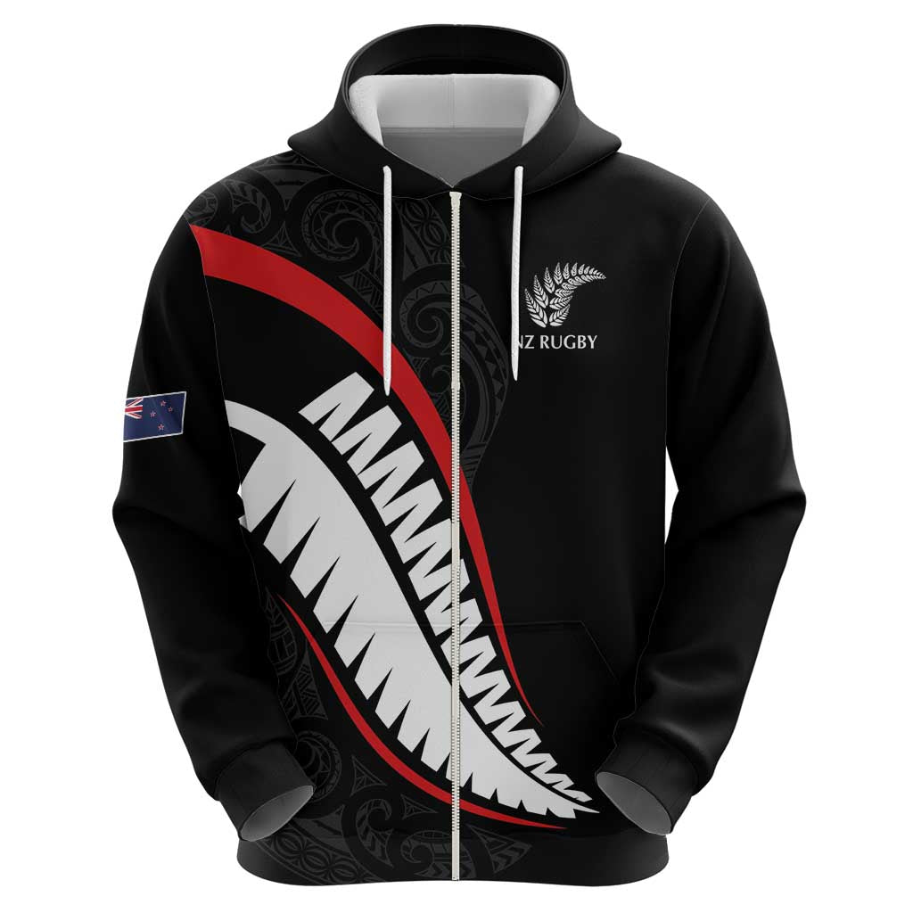 New Zealand Rugby Custom Zip Hoodie Sporty Silver Fern Shape with Maori Tattoos LT03 - Polynesian Pride