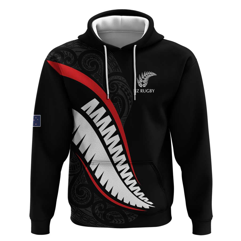 New Zealand Rugby Custom Zip Hoodie Sporty Silver Fern Shape with Maori Tattoos LT03 Pullover Hoodie Black - Polynesian Pride
