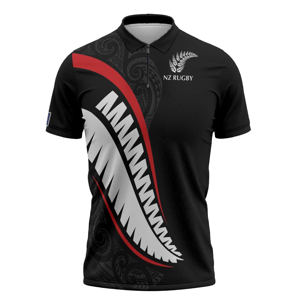 New Zealand Rugby Custom Zipper Polo Shirt Sporty Silver Fern Shape with Maori Tattoos LT03 Black - Polynesian Pride
