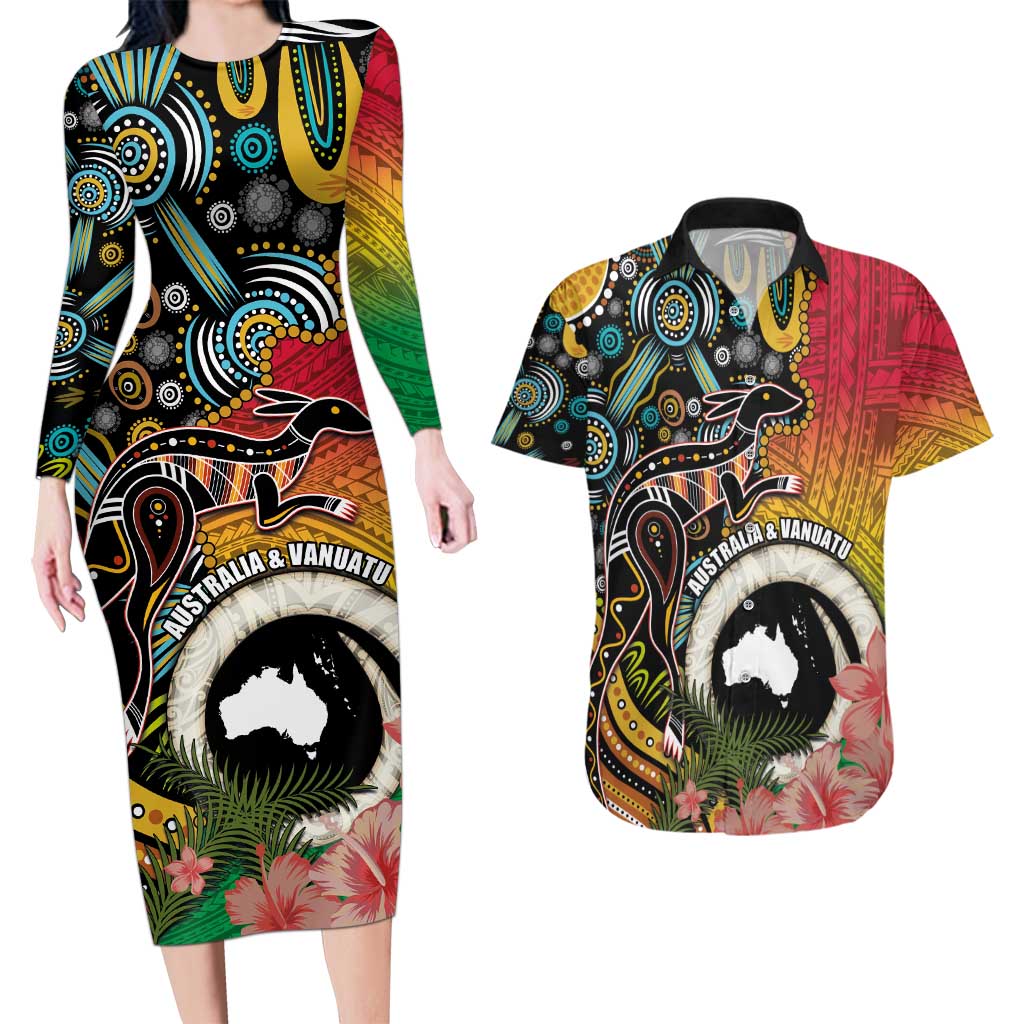 Vanuatu and Australia Together Couples Matching Long Sleeve Bodycon Dress and Hawaiian Shirt Kangaroo with Pig Tusk Indigenous Pattern LT03 Black - Polynesian Pride