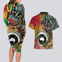 Vanuatu and Australia Together Couples Matching Long Sleeve Bodycon Dress and Hawaiian Shirt Kangaroo with Pig Tusk Indigenous Pattern LT03 - Polynesian Pride
