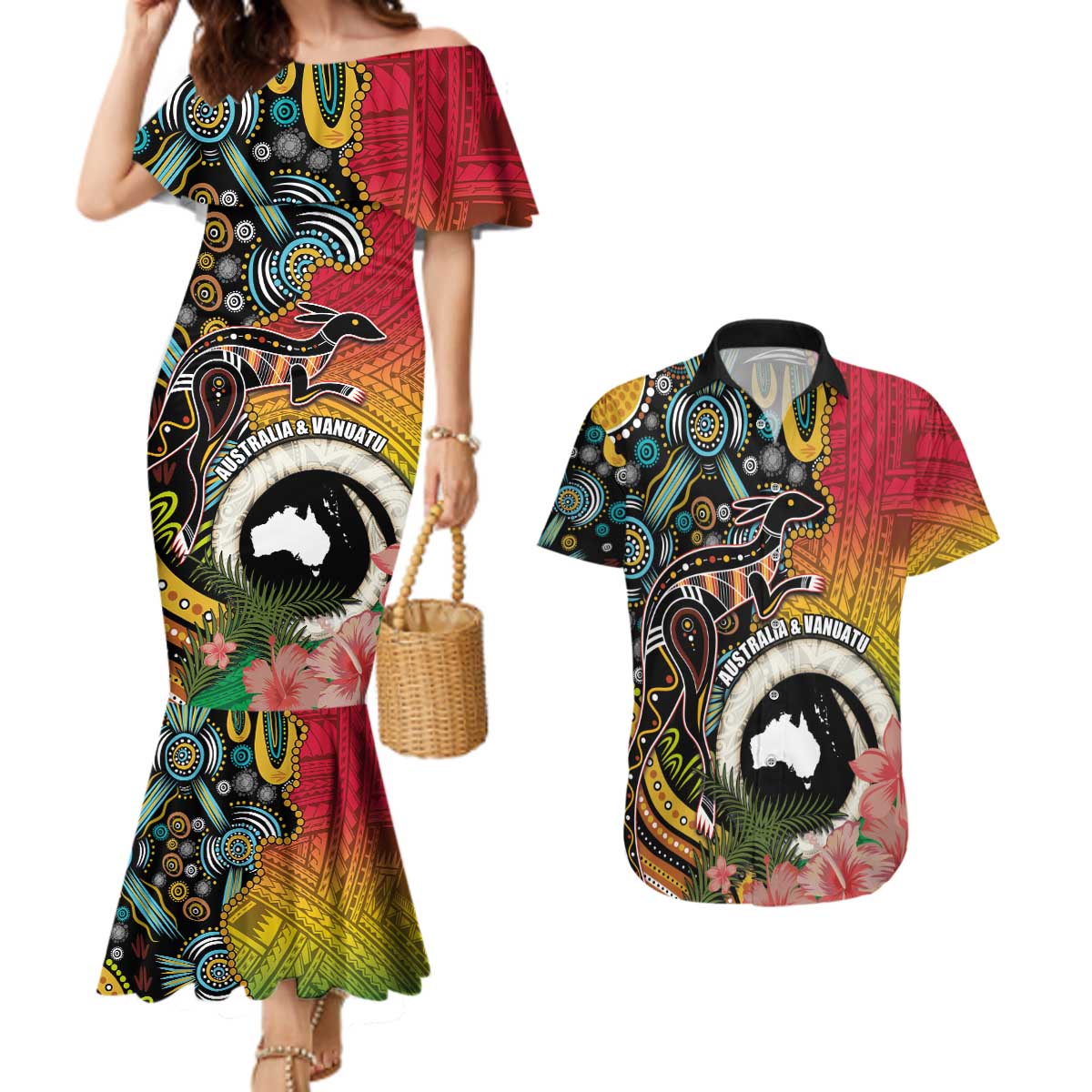 Vanuatu and Australia Together Couples Matching Mermaid Dress and Hawaiian Shirt Kangaroo with Pig Tusk Indigenous Pattern LT03 Black - Polynesian Pride