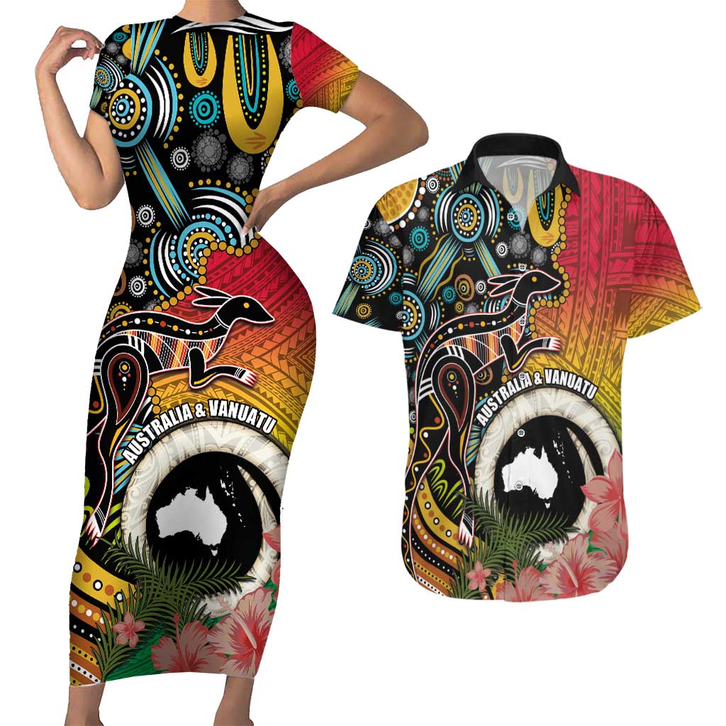 Vanuatu and Australia Together Couples Matching Short Sleeve Bodycon Dress and Hawaiian Shirt Kangaroo with Pig Tusk Indigenous Pattern LT03 Black - Polynesian Pride