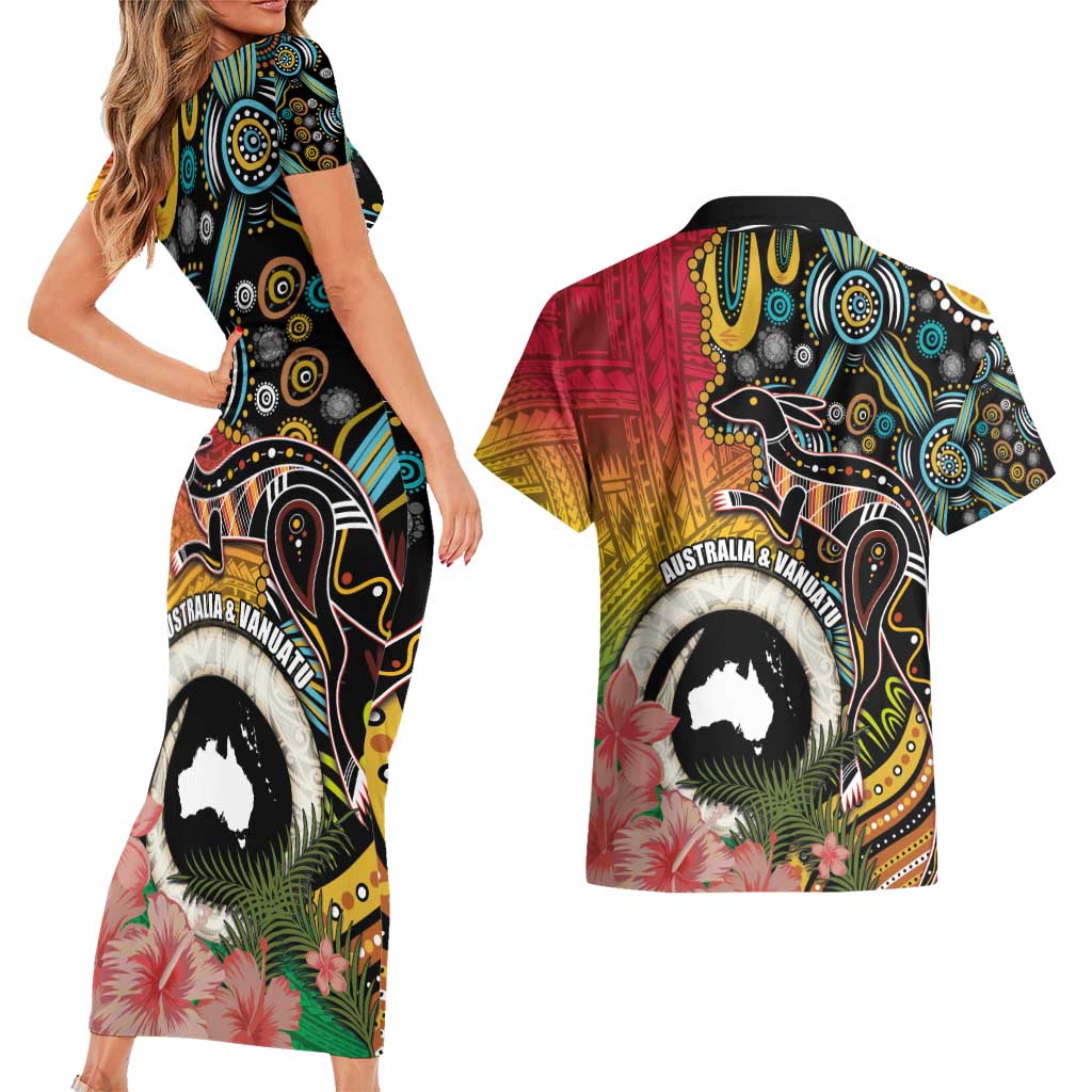 Vanuatu and Australia Together Couples Matching Short Sleeve Bodycon Dress and Hawaiian Shirt Kangaroo with Pig Tusk Indigenous Pattern LT03 - Polynesian Pride