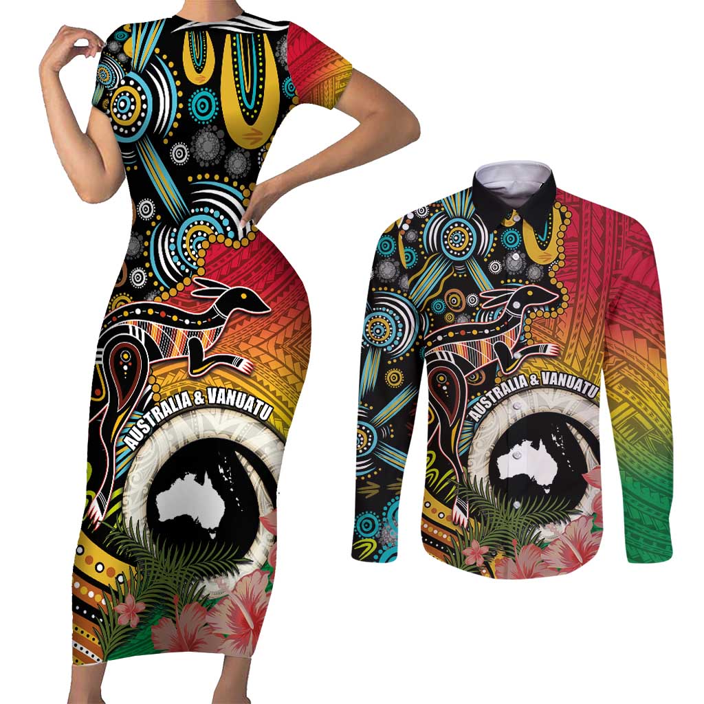 Vanuatu and Australia Together Couples Matching Short Sleeve Bodycon Dress and Long Sleeve Button Shirt Kangaroo with Pig Tusk Indigenous Pattern LT03 Black - Polynesian Pride