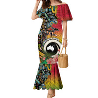 Vanuatu and Australia Together Family Matching Mermaid Dress and Hawaiian Shirt Kangaroo with Pig Tusk Indigenous Pattern LT03 Mom's Dress Black - Polynesian Pride