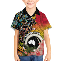 Vanuatu and Australia Together Family Matching Off The Shoulder Long Sleeve Dress and Hawaiian Shirt Kangaroo with Pig Tusk Indigenous Pattern LT03 Son's Shirt Black - Polynesian Pride