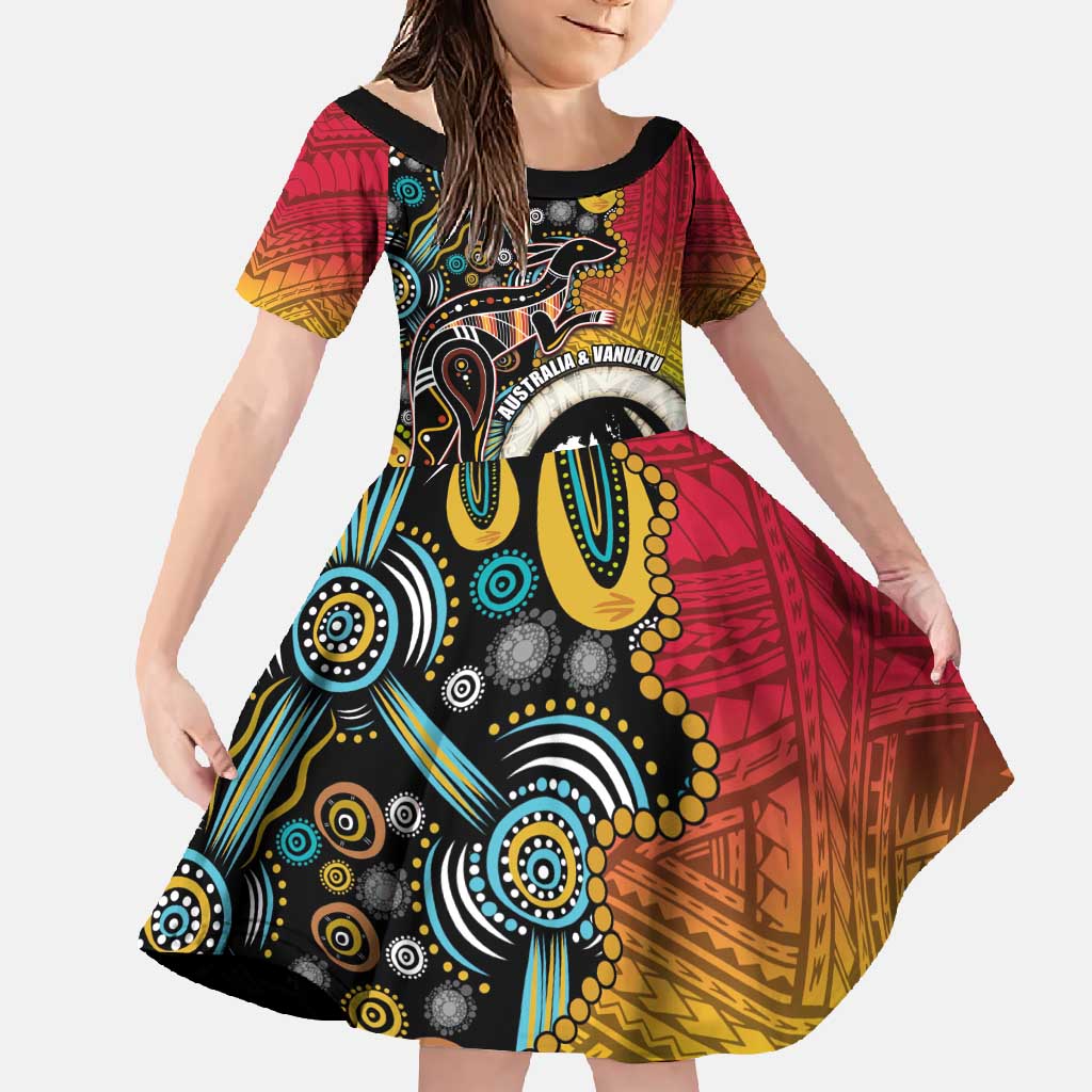 Vanuatu and Australia Together Family Matching Off Shoulder Maxi Dress and Hawaiian Shirt Kangaroo with Pig Tusk Indigenous Pattern LT03 Daughter's Dress Black - Polynesian Pride