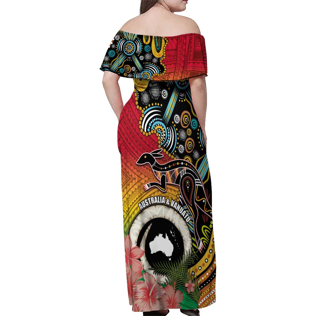 Vanuatu and Australia Together Family Matching Off Shoulder Maxi Dress and Hawaiian Shirt Kangaroo with Pig Tusk Indigenous Pattern LT03 - Polynesian Pride