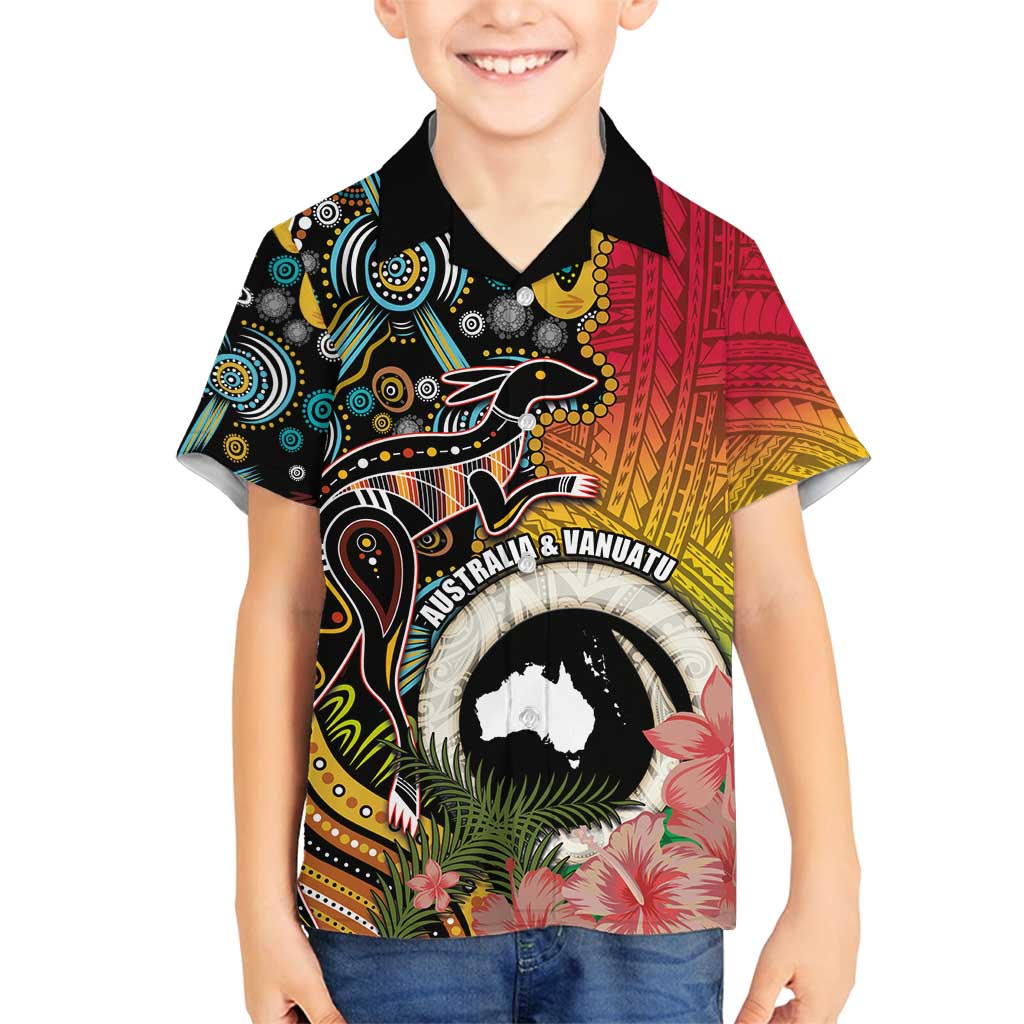Vanuatu and Australia Together Family Matching Off Shoulder Maxi Dress and Hawaiian Shirt Kangaroo with Pig Tusk Indigenous Pattern LT03 Son's Shirt Black - Polynesian Pride