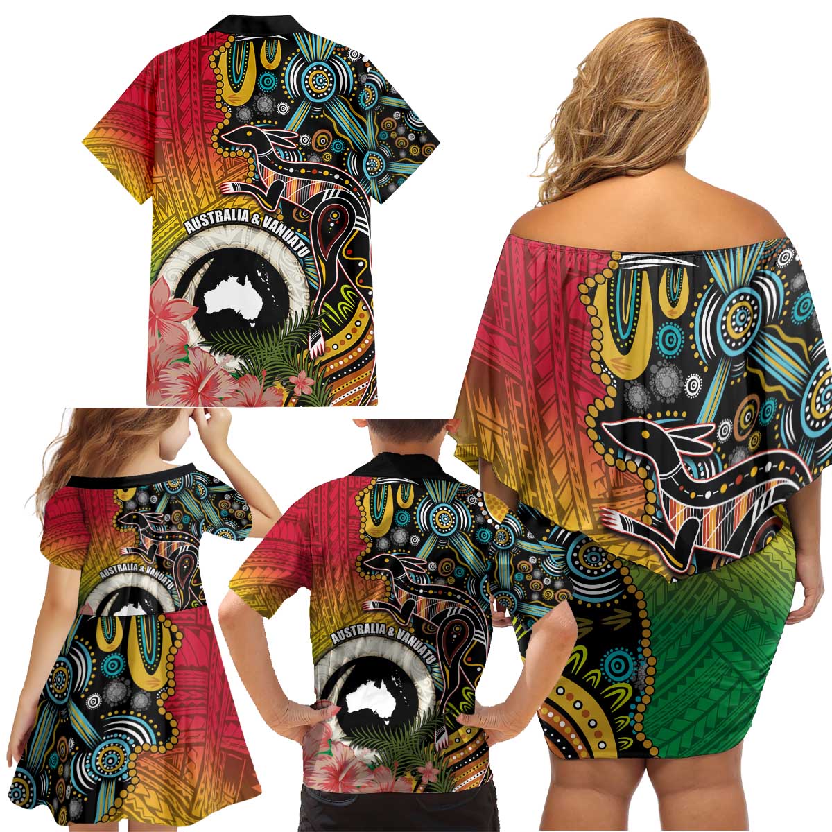 Vanuatu and Australia Together Family Matching Off Shoulder Short Dress and Hawaiian Shirt Kangaroo with Pig Tusk Indigenous Pattern LT03 - Polynesian Pride