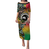 Vanuatu and Australia Together Family Matching Puletasi and Hawaiian Shirt Kangaroo with Pig Tusk Indigenous Pattern LT03 Mom's Dress Black - Polynesian Pride