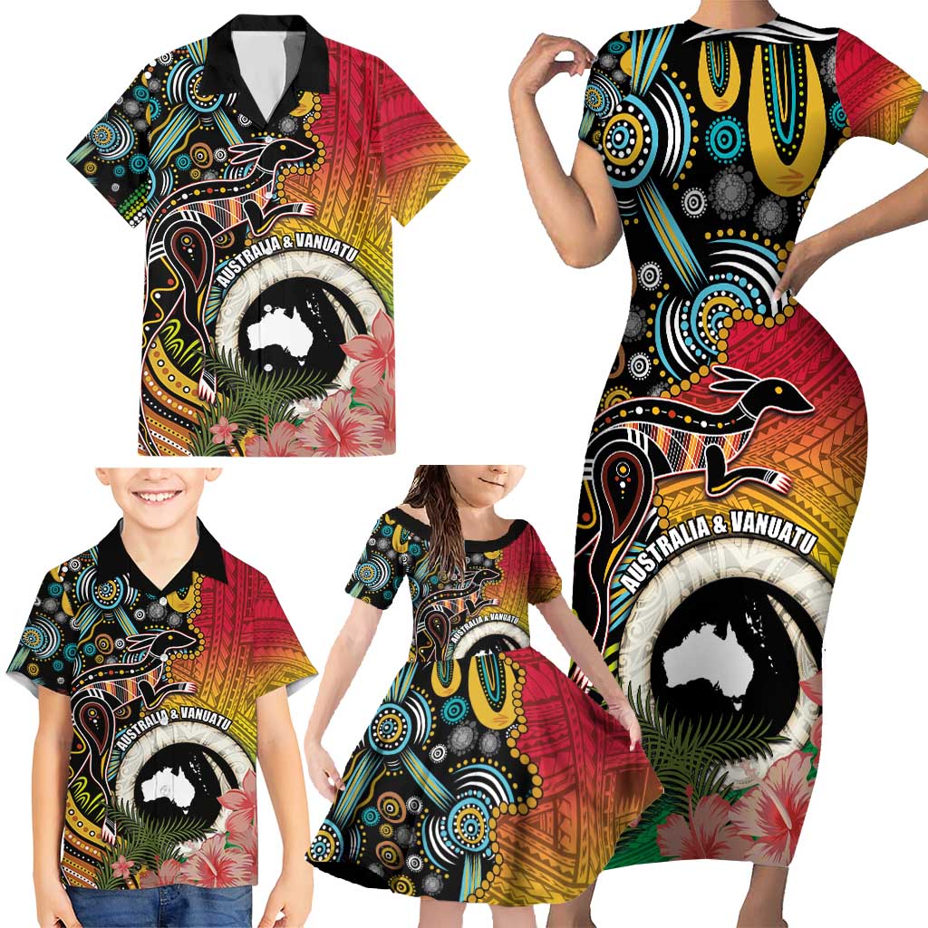 Vanuatu and Australia Together Family Matching Short Sleeve Bodycon Dress and Hawaiian Shirt Kangaroo with Pig Tusk Indigenous Pattern LT03 - Polynesian Pride