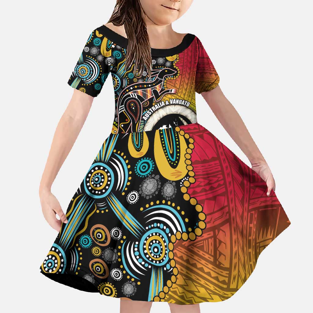 Vanuatu and Australia Together Family Matching Summer Maxi Dress and Hawaiian Shirt Kangaroo with Pig Tusk Indigenous Pattern LT03 Daughter's Dress Black - Polynesian Pride