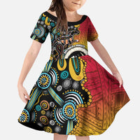Vanuatu and Australia Together Family Matching Summer Maxi Dress and Hawaiian Shirt Kangaroo with Pig Tusk Indigenous Pattern LT03 Daughter's Dress Black - Polynesian Pride