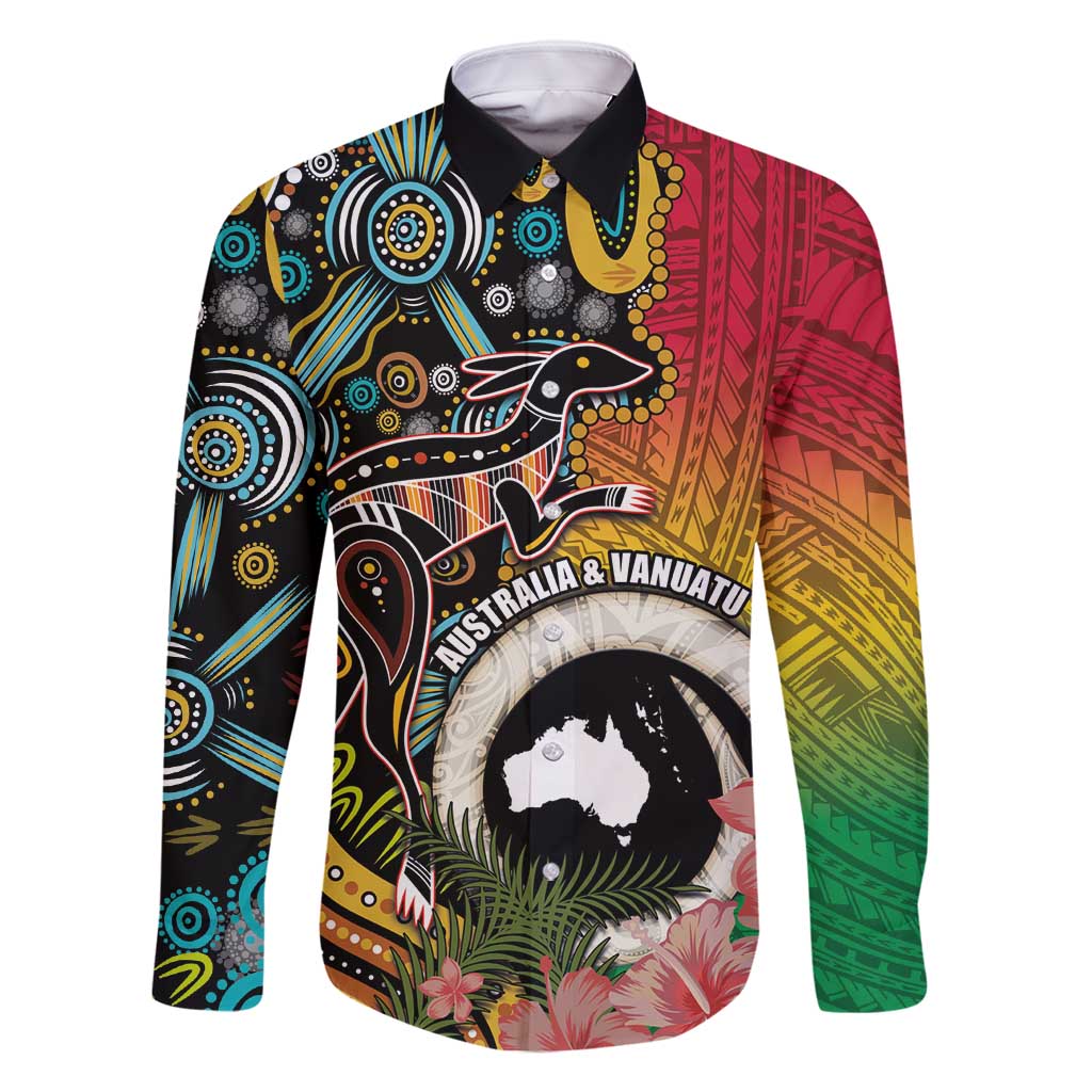 Vanuatu and Australia Together Family Matching Summer Maxi Dress and Hawaiian Shirt Kangaroo with Pig Tusk Indigenous Pattern LT03 Dad's Shirt - Long Sleeve Black - Polynesian Pride