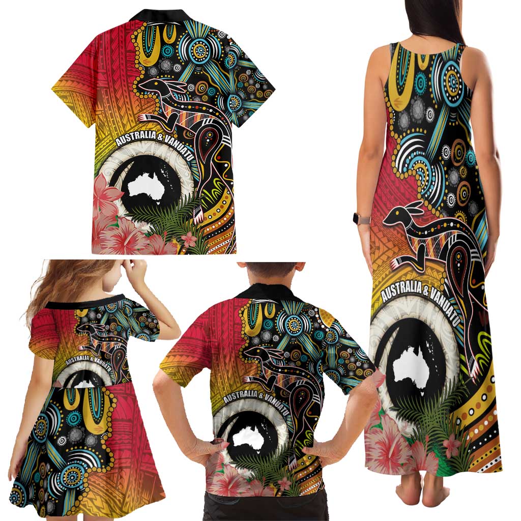 Vanuatu and Australia Together Family Matching Tank Maxi Dress and Hawaiian Shirt Kangaroo with Pig Tusk Indigenous Pattern LT03 - Polynesian Pride