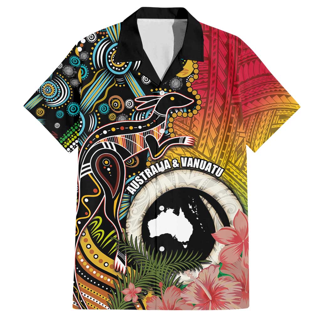 Vanuatu and Australia Together Family Matching Tank Maxi Dress and Hawaiian Shirt Kangaroo with Pig Tusk Indigenous Pattern LT03 Dad's Shirt - Short Sleeve Black - Polynesian Pride
