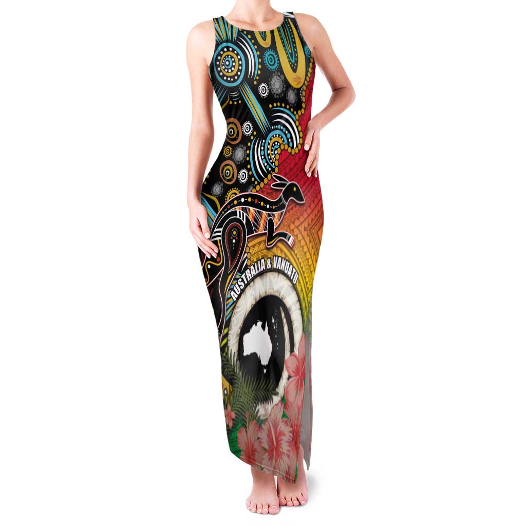 Vanuatu and Australia Together Family Matching Tank Maxi Dress and Hawaiian Shirt Kangaroo with Pig Tusk Indigenous Pattern LT03 Mom's Dress Black - Polynesian Pride