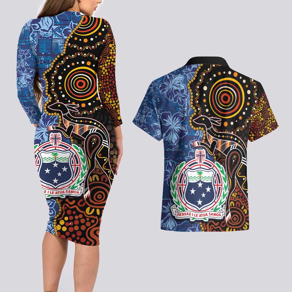 Samoa and Australia Together Couples Matching Long Sleeve Bodycon Dress and Hawaiian Shirt Kangaroo and Tribal Hibiscus Aboriginal Pattern LT03 - Polynesian Pride