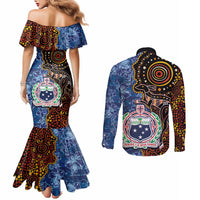 Samoa and Australia Together Couples Matching Mermaid Dress and Long Sleeve Button Shirt Kangaroo and Tribal Hibiscus Aboriginal Pattern