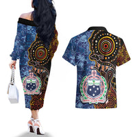 Samoa and Australia Together Couples Matching Off The Shoulder Long Sleeve Dress and Hawaiian Shirt Kangaroo and Tribal Hibiscus Aboriginal Pattern LT03 - Polynesian Pride