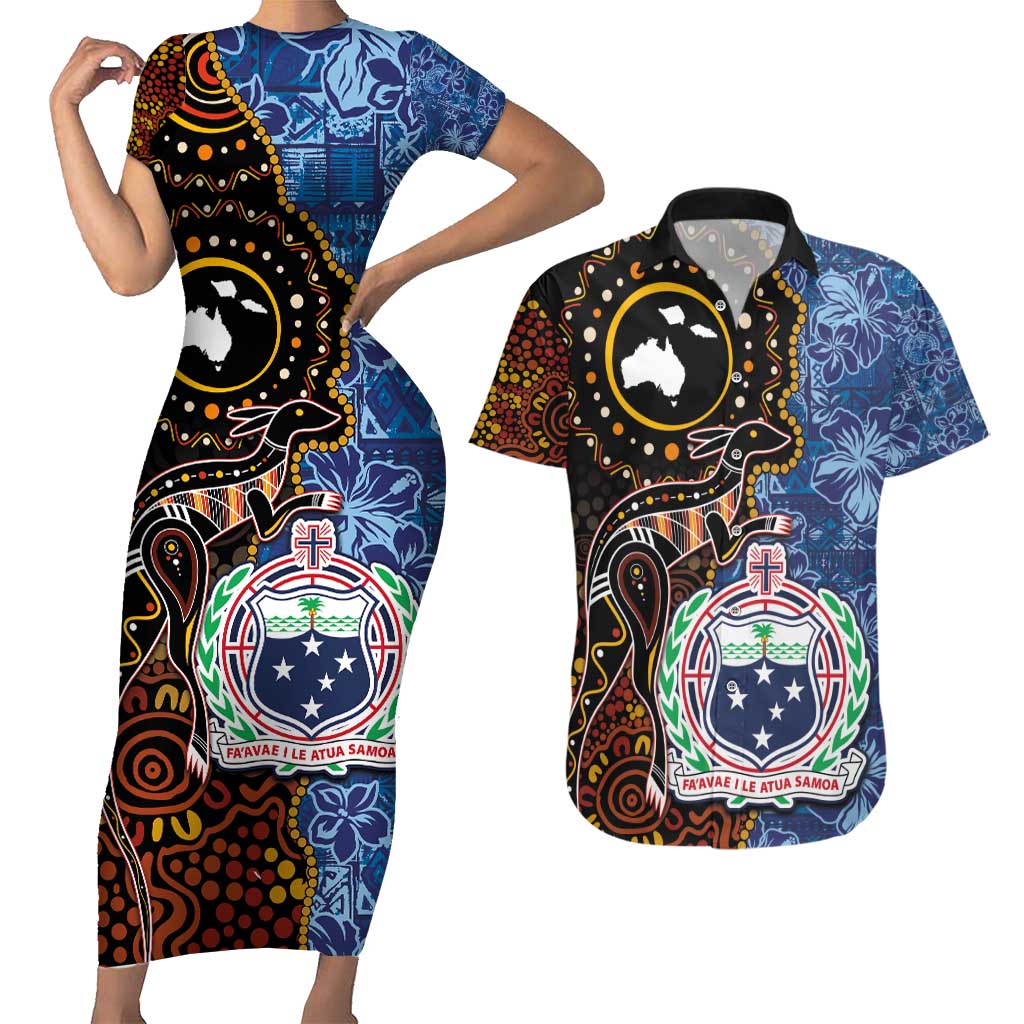 Samoa and Australia Together Couples Matching Short Sleeve Bodycon Dress and Hawaiian Shirt Kangaroo and Tribal Hibiscus Aboriginal Pattern LT03 Blue - Polynesian Pride