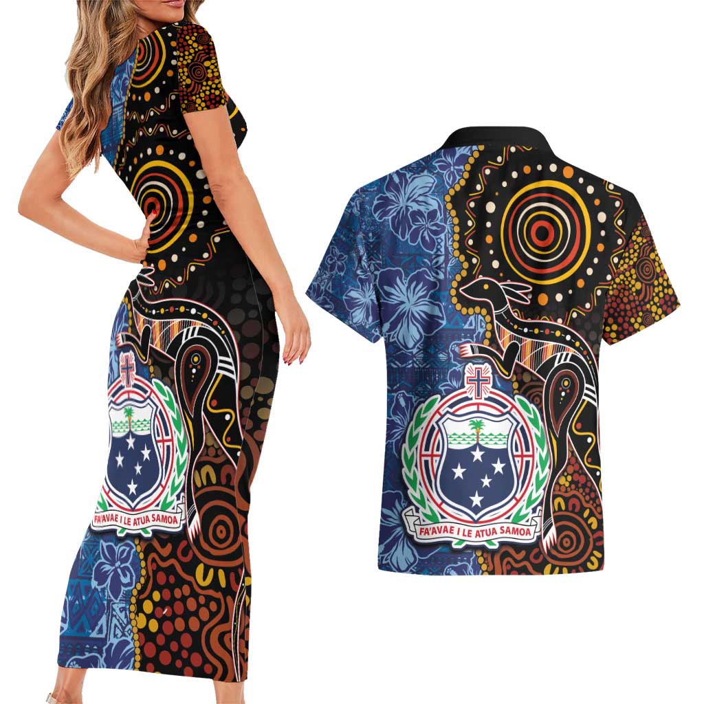 Samoa and Australia Together Couples Matching Short Sleeve Bodycon Dress and Hawaiian Shirt Kangaroo and Tribal Hibiscus Aboriginal Pattern LT03 - Polynesian Pride