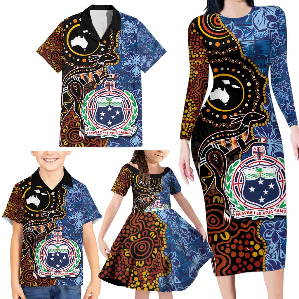 Samoa and Australia Together Family Matching Long Sleeve Bodycon Dress and Hawaiian Shirt Kangaroo and Tribal Hibiscus Aboriginal Pattern LT03 - Polynesian Pride